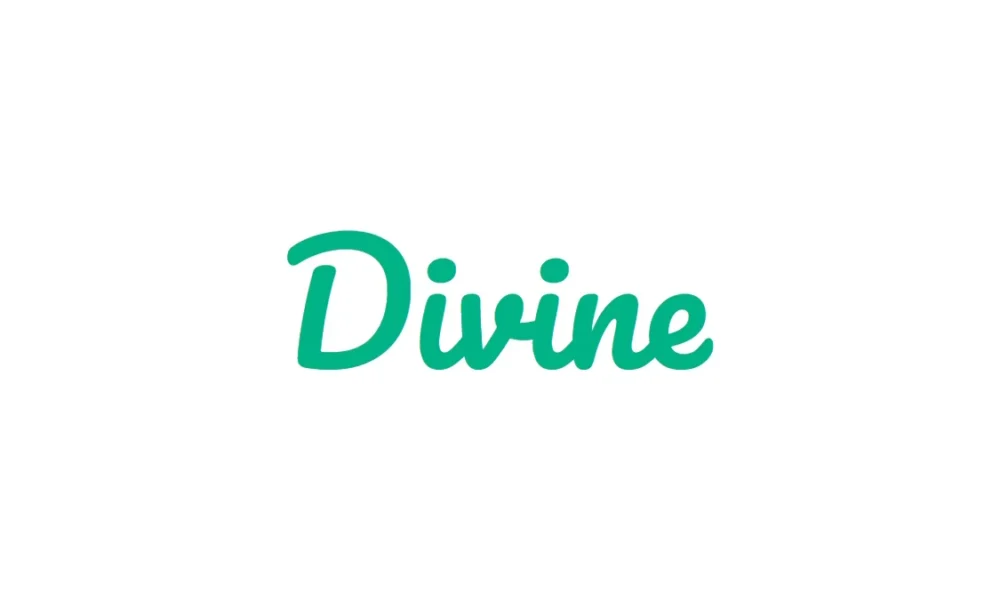 Divine logo: teal cursive wordmark on white background