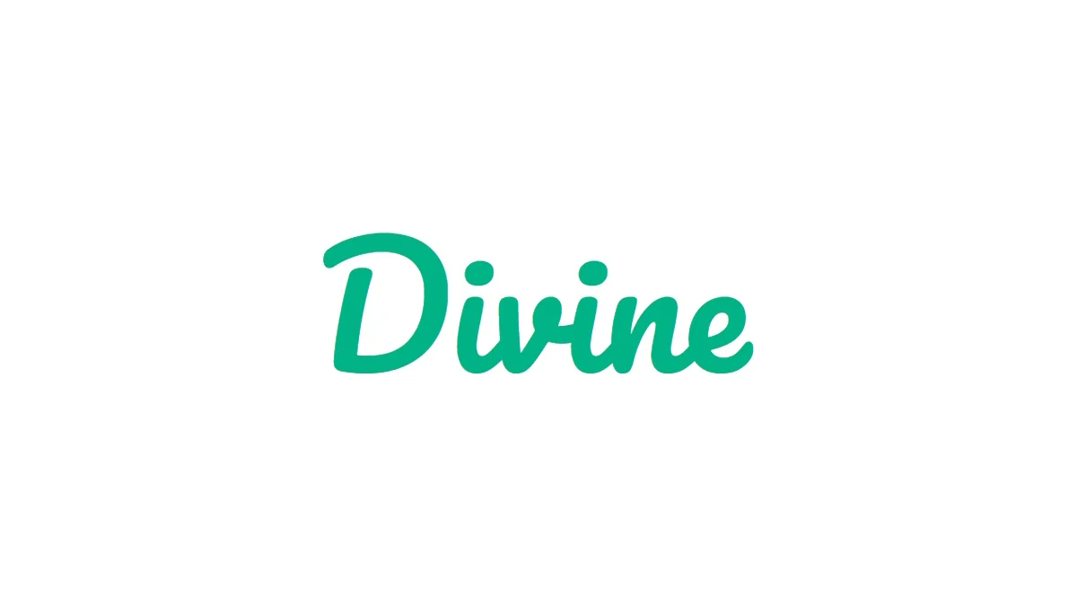 Divine logo: teal cursive wordmark on white background