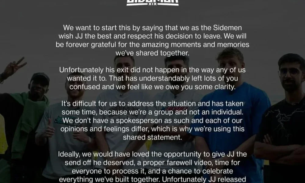 Sidemen farewell statement over a group photo; logo at top, text about JJ's departure and thanks.