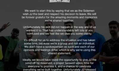 Sidemen farewell statement over a group photo; logo at top, text about JJ's departure and thanks.