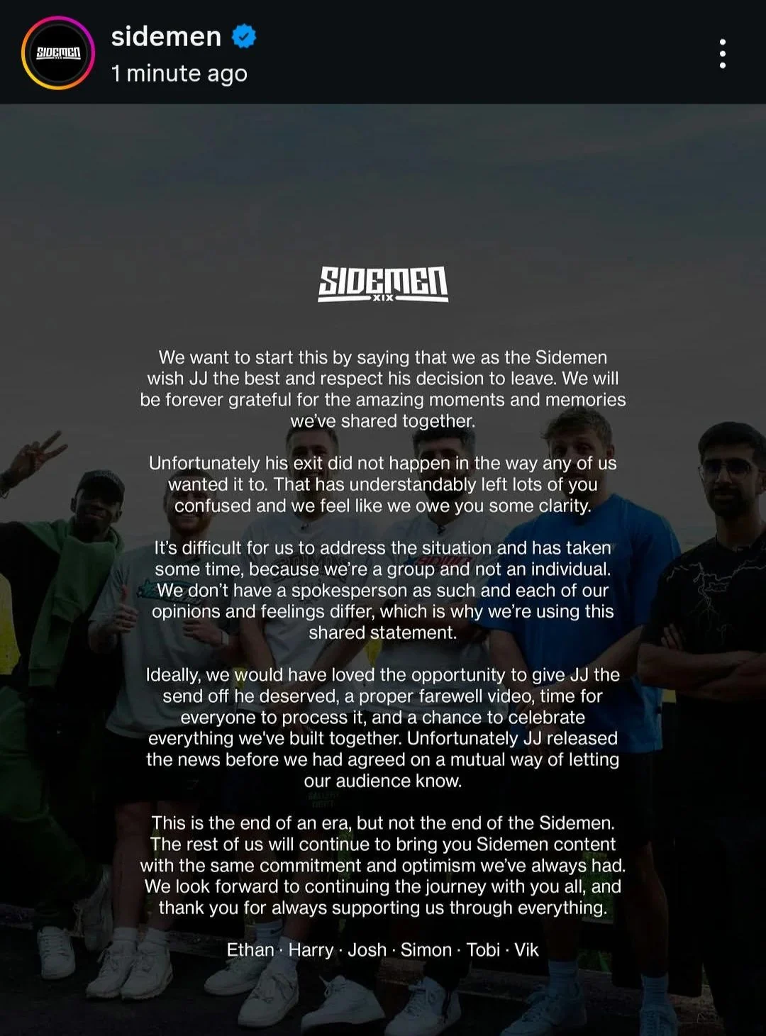 Sidemen farewell statement over a group photo; logo at top, text about JJ's departure and thanks.