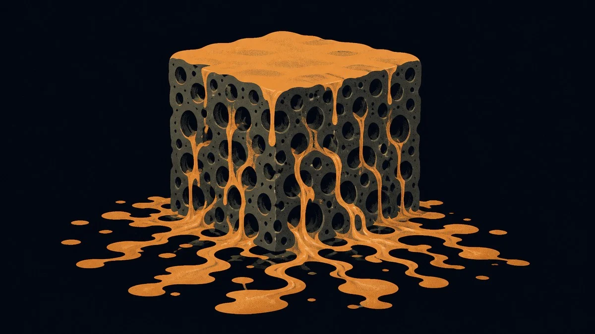 Abstract illustration: A sponge or porous material with water flowing through it—depicting how growth disperses throughout the market ecosystem rather than conc