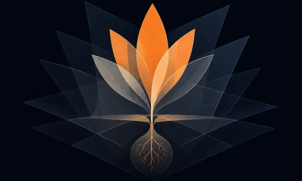 Abstract illustration: Overlapping translucent planes or sheets at various angles, suggesting multiple perspectives converging and gaining visibility and A spro