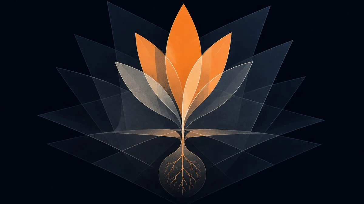 Abstract illustration: Overlapping translucent planes or sheets at various angles, suggesting multiple perspectives converging and gaining visibility and A spro