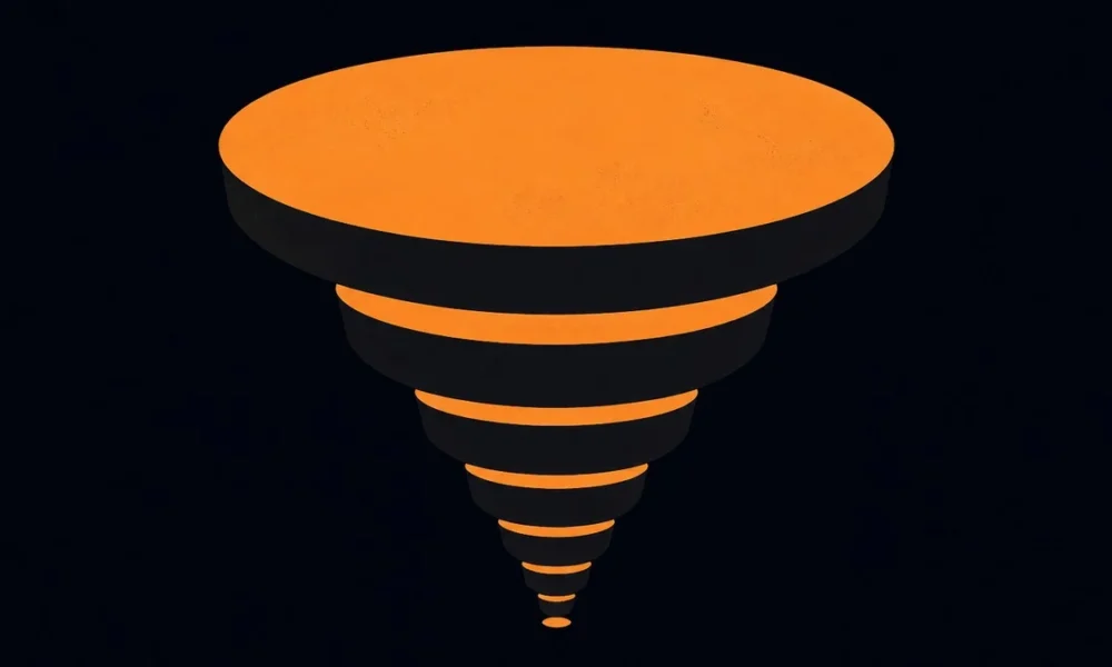 Abstract illustration: an orange funnel of stacked discs narrowing to a point, on deep navy