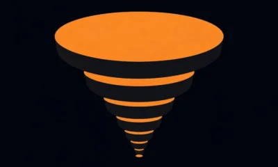 Abstract illustration: an orange funnel of stacked discs narrowing to a point, on deep navy