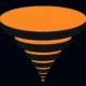 Abstract illustration: an orange funnel of stacked discs narrowing to a point, on deep navy