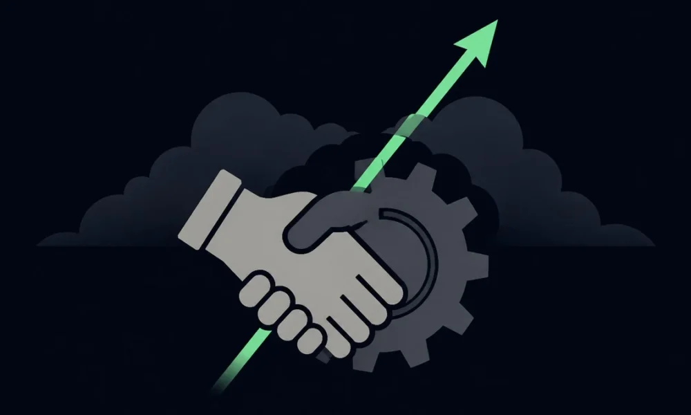 Abstract illustration: A handshake evolving into interlocking gears, representing the merger of independent creator and established entertainment machinery and