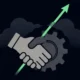 Abstract illustration: A handshake evolving into interlocking gears, representing the merger of independent creator and established entertainment machinery and