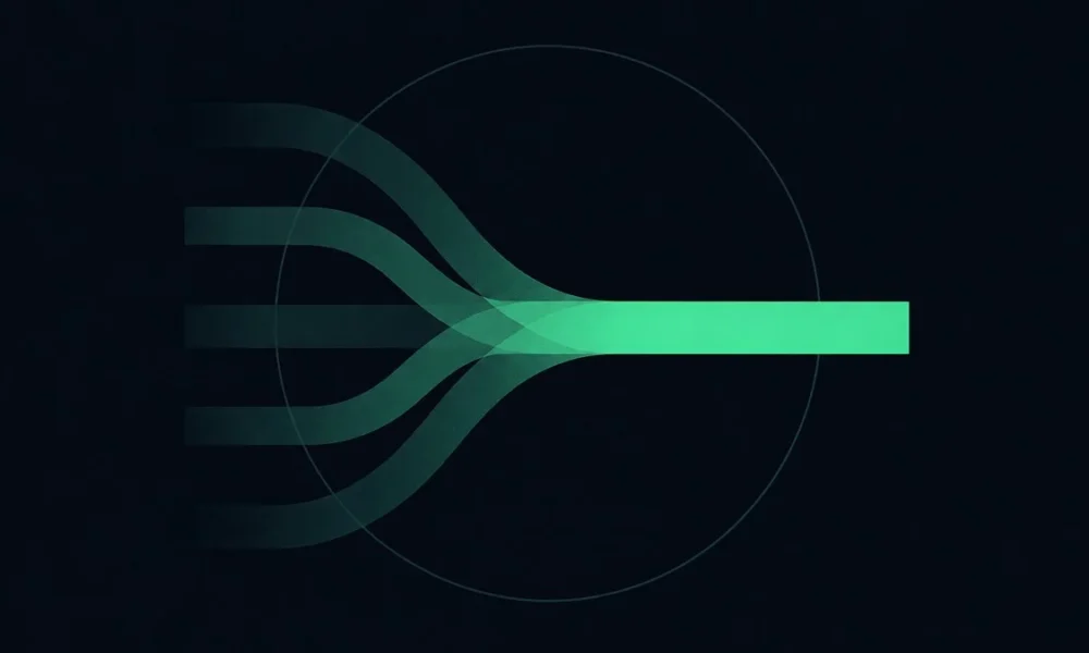 Abstract illustration: Converging streams or tributaries merging into a single river — representing fragmented distribution channels flowing into unified measur