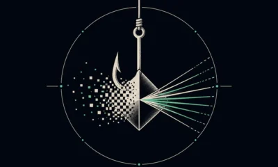 Abstract illustration: A fishing hook with bait that dissolves or fragments into digital particles as it's examined — representing the deception of AI-generated