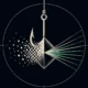 Abstract illustration: A fishing hook with bait that dissolves or fragments into digital particles as it's examined — representing the deception of AI-generated