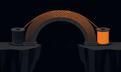 Abstract illustration: A bridge or archway spanning two distinct platforms or cliff edges — representing the transition between two distinct platforms/ecosystem