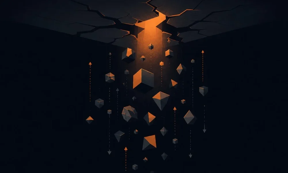 Abstract illustration: A ceiling with a visible crack or fissure, light breaking through the fracture—representing the constraint being tested and the pressure