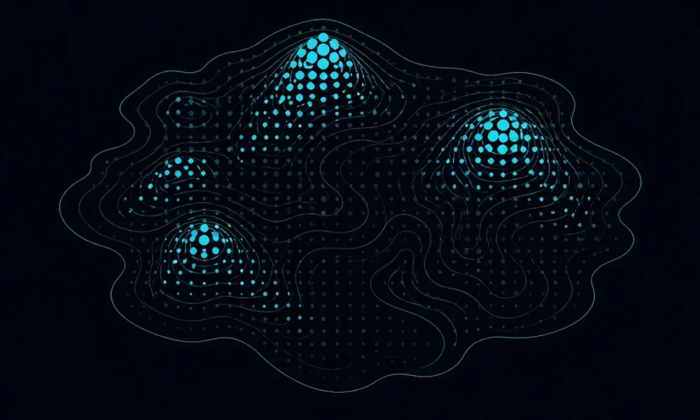 Abstract illustration: a contour field with clustered dot formations, on deep navy