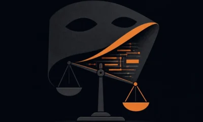 Abstract illustration: a mask above a set of unbalanced scales, with a data-stream motif, on deep navy