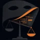 Abstract illustration: a mask above a set of unbalanced scales, with a data-stream motif, on deep navy