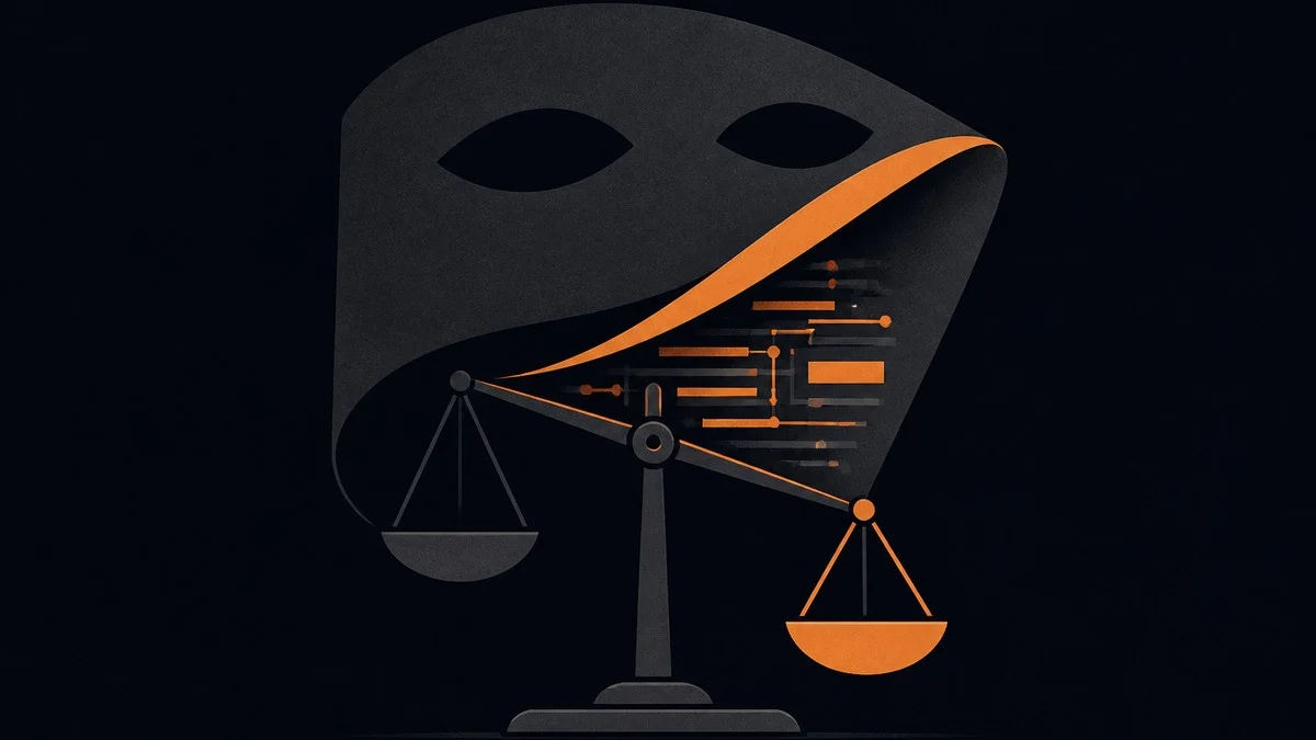 Abstract illustration: a mask above a set of unbalanced scales, with a data-stream motif, on deep navy