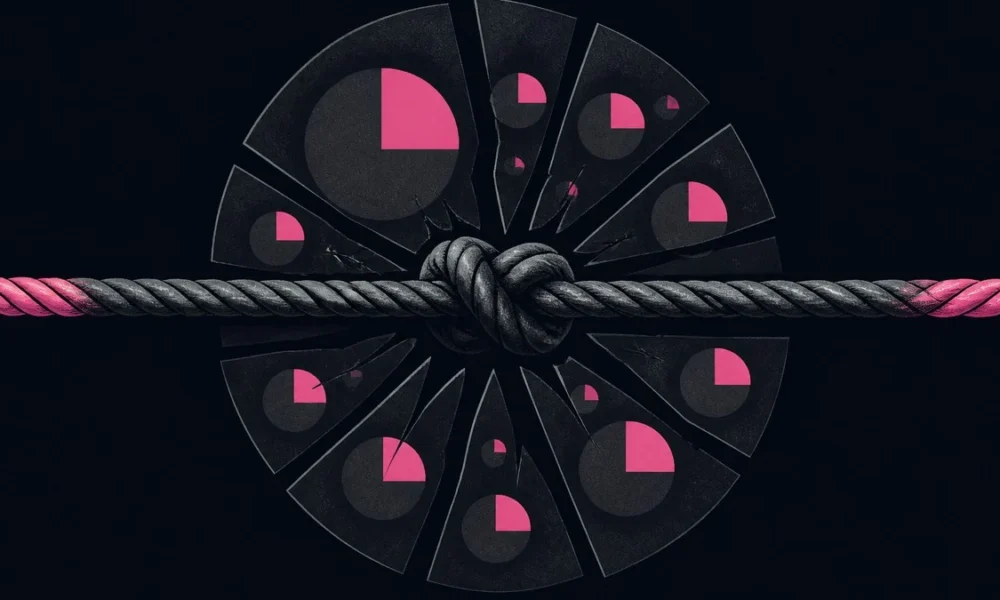 Abstract illustration: Fractured mirror or shattered glass plane — reflecting the same image in different sizes and angles, suggesting how the same metric is be