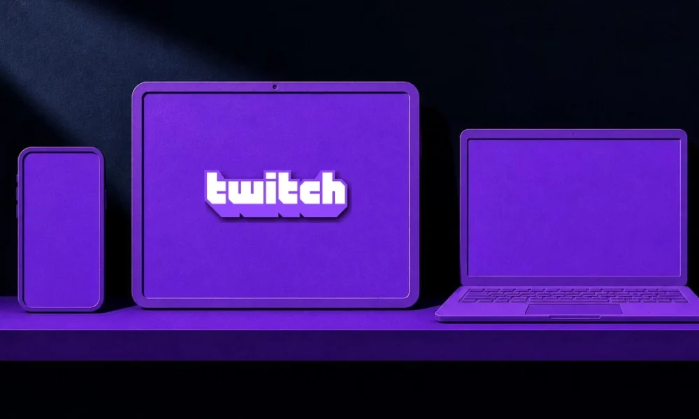 Illustration (device family): the Twitch mark in a constructed device scene