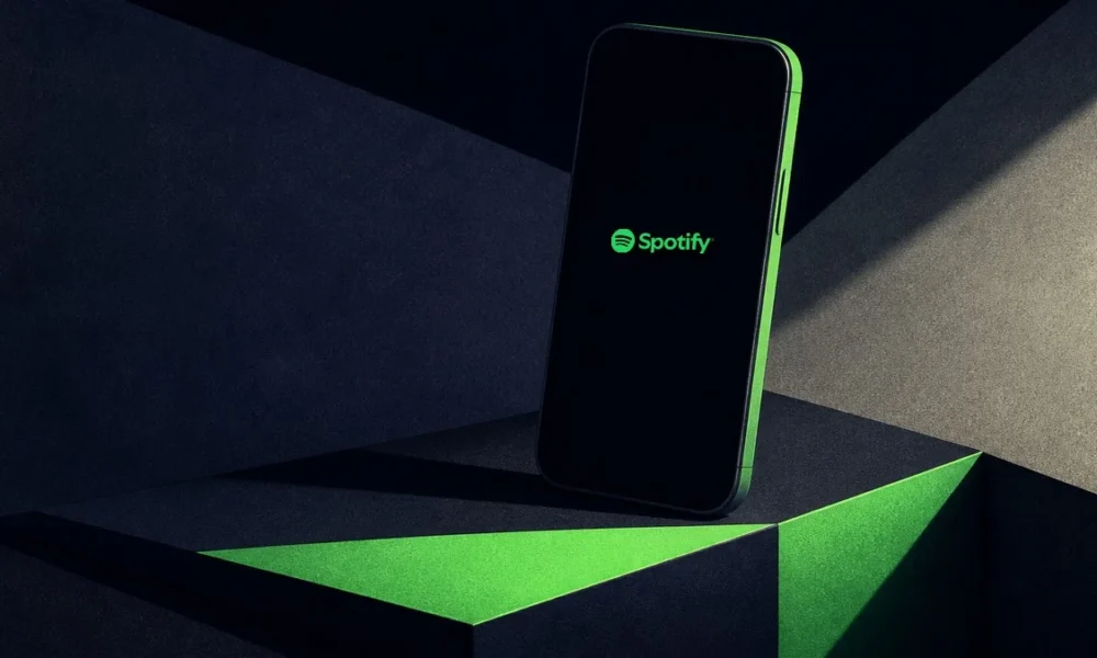 Illustration (device family): the spotify mark in a constructed device scene