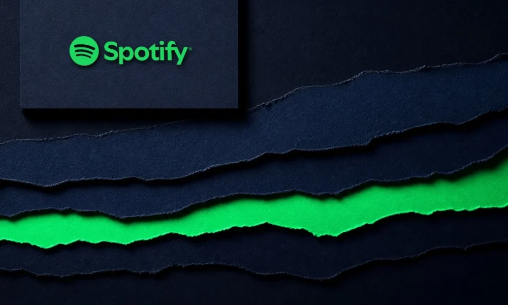 Illustration (collage family): the Spotify mark in a constructed collage scene