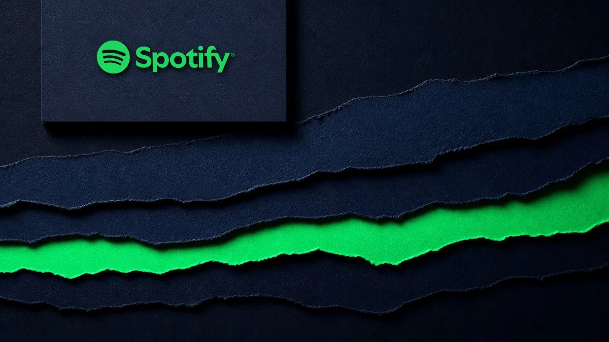 Illustration (collage family): the Spotify mark in a constructed collage scene